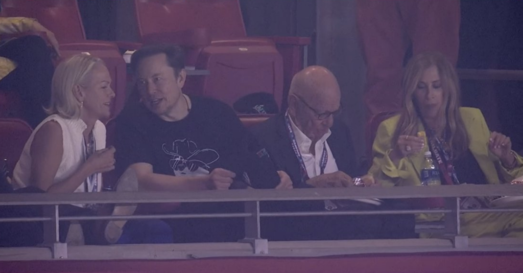 Elon Musk Seen Sitting with Rupert Murdoch and Elisabeth Murdoch at Super Bowl