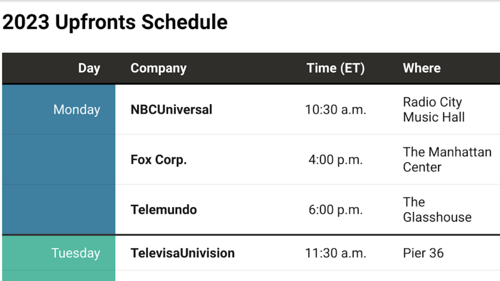 2023 Upfronts: Calendar of Events