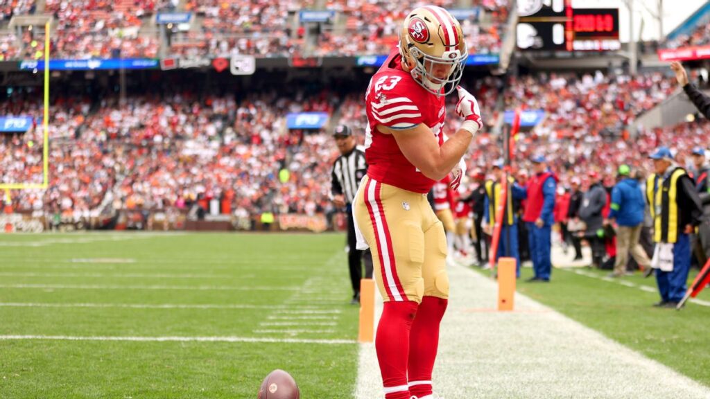 49ers’ McCaffrey extends TD streak to 15 on shovel pass from Purdy vs. Browns